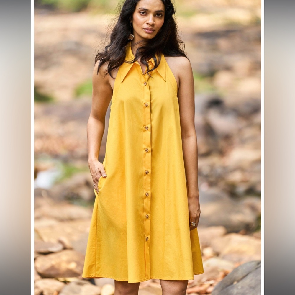 Yellow Halter Neck Button-Down Dress